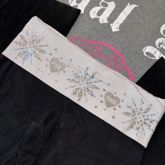 Victoria’s Secret PINK Rhinestone Sequin Bling Foldover Flare Leggings - LG - Picture 3 of 12